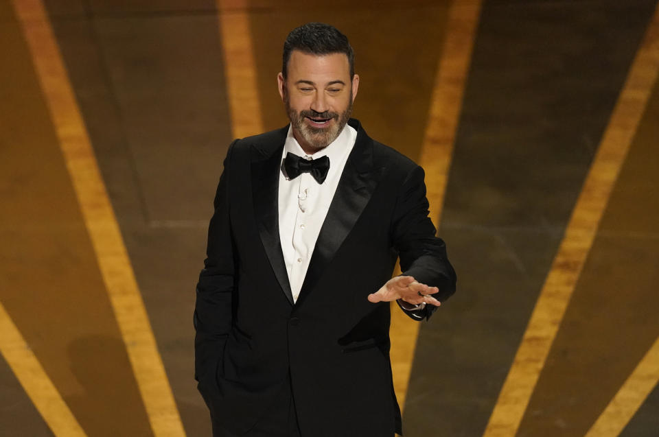 FILE - Host Jimmy Kimmel speaks at the Oscars on March 12, 2023, at the Dolby Theatre in Los Angeles. Kimmel will host the 96th Oscars on Sunday. (AP Photo/Chris Pizzello, File)