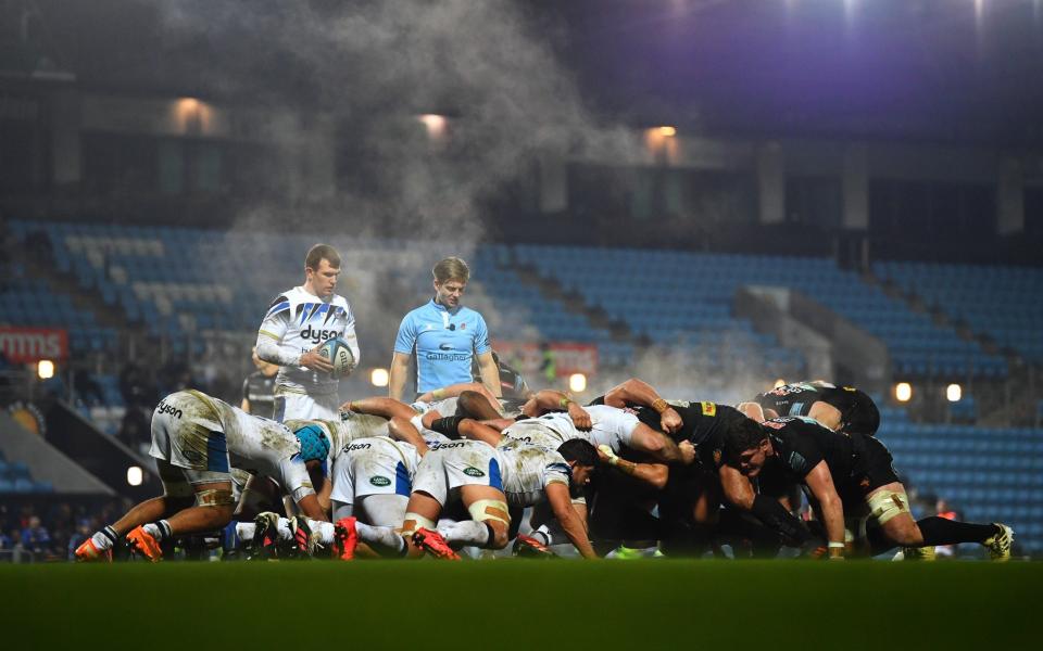 Steam rises from a scrum during the Gallagher Premiership Rugby match between Exeter Chiefs and Bath at Sandy Park on November 28, 2020 in Exeter, England. Sporting stadiums around the UK remain under strict restrictions due to the Coronavirus Pandemic as Government social distancing laws prohibit fans inside venues resulting in games being played behind closed doors - Dan Mullan /Getty Images Europe 