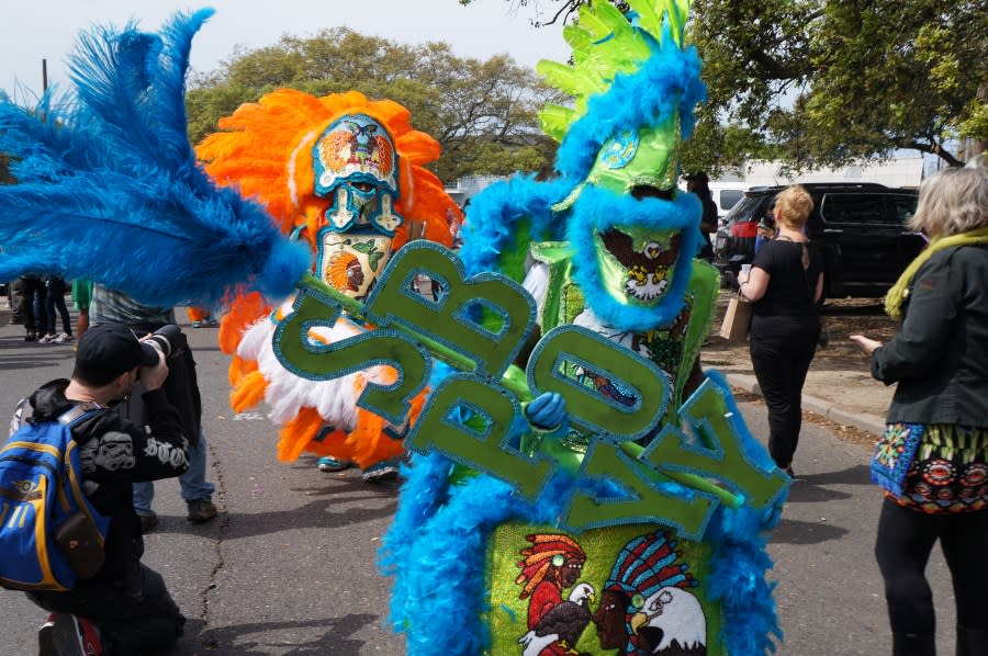 Mardi Gras Indians and revelers during the Uptown Super Sunday celebration in New Orleans (LeBron Joseph photo)