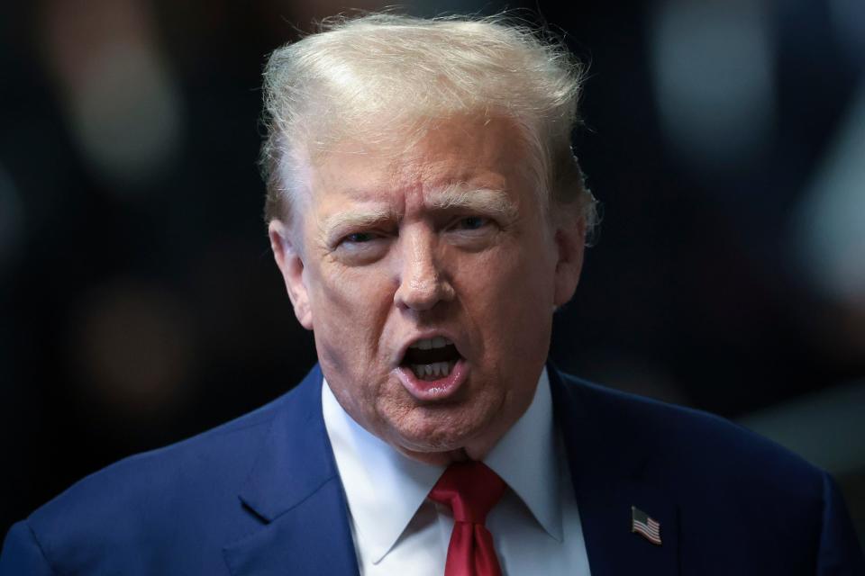 Former President Donald Trump speaks to reporters at Manhattan criminal court, Monday, May 6, 2024 in New York. (Win McNamee/Pool Photo via AP)