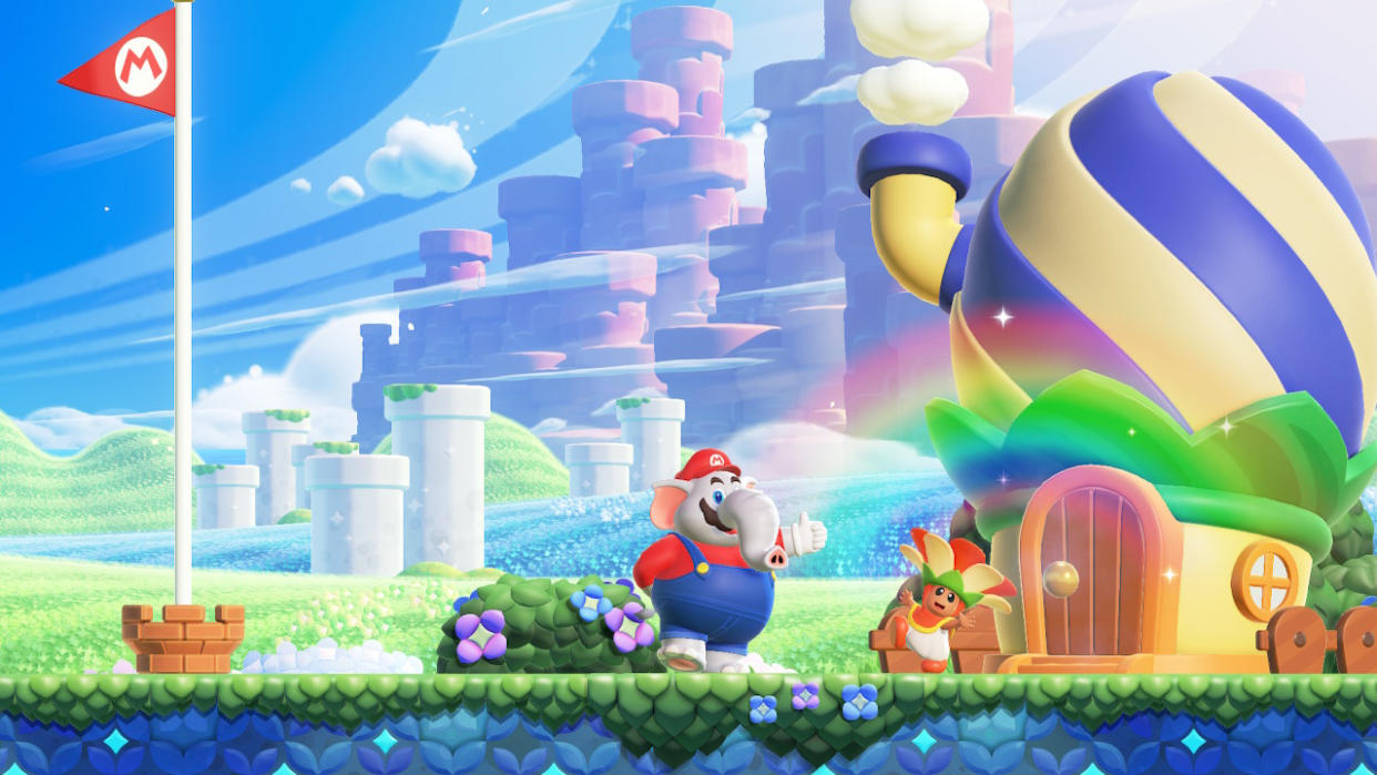  Super Mario staring at the Flower Kingdom in amazement in Super Mario Bros. Wonder. 