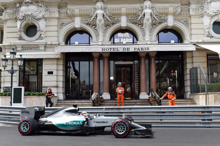 Mercedes' British driver Lewis Hamilton drives during the third practice session at the Monaco street circuit in Monte-Carlo on May 23, 2015