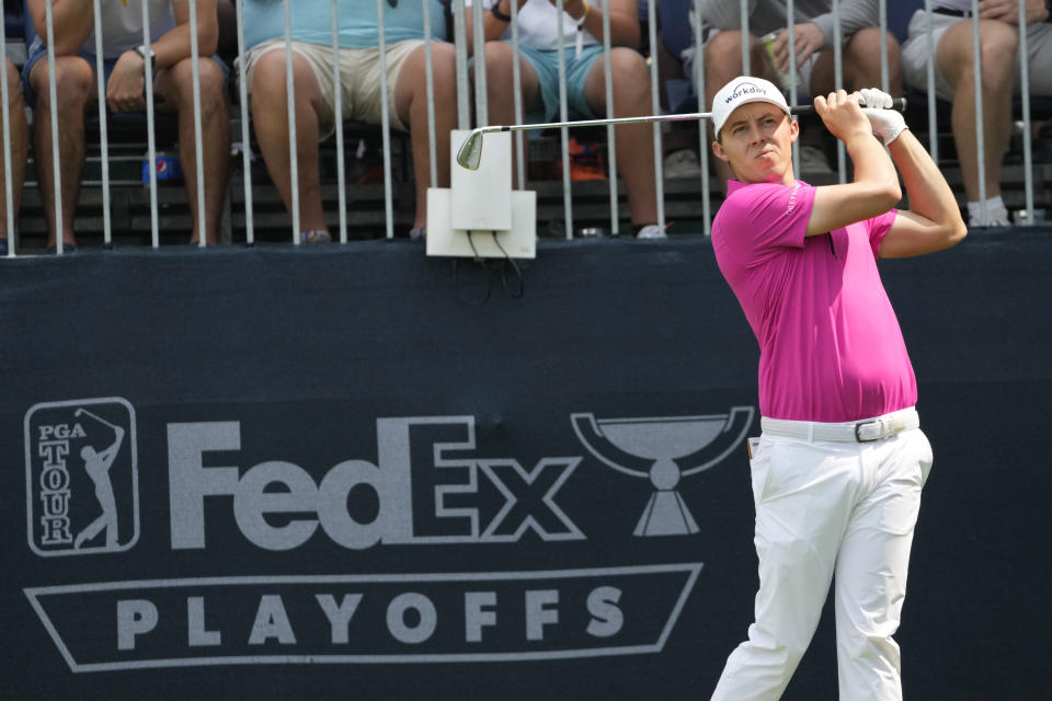 Matt Fitzpatrick watches his tee shot on the 16th hole during the second round of the BMW Championship golf tournament, Friday, Aug. 18, 2023, in Olympia Fields, Ill. (AP Photo/Charles Rex Arbogast)