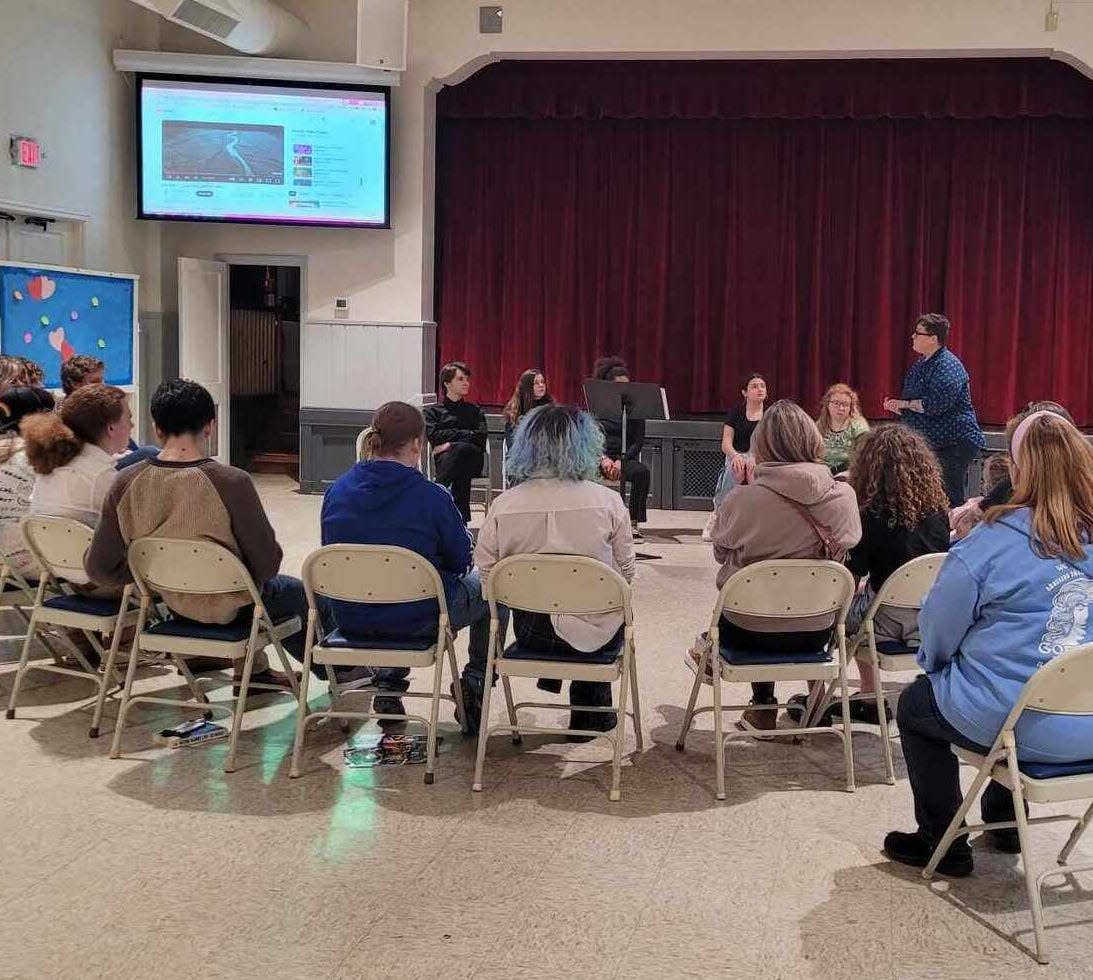 United Methodist Church of Red Bank hosted Amplify, a free event for queer youth and allies, on April 12. Here, Kate Okeson from Make it Better for Youth, addresses the gathering.