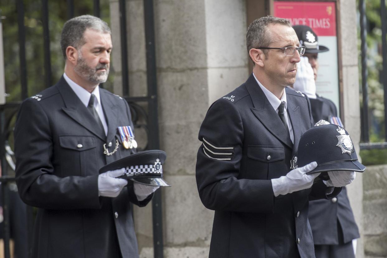 Brave: PC Palmer, whose memorial service is pictured here, and PC Guenigault were posthumously rewarded for their bravery by the Police Federation (Photo by Frank Augstein - WPA Pool /Getty Images): Getty Images