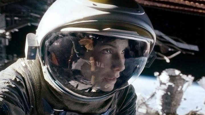 Sandra Bullock floating in space in Gravity.