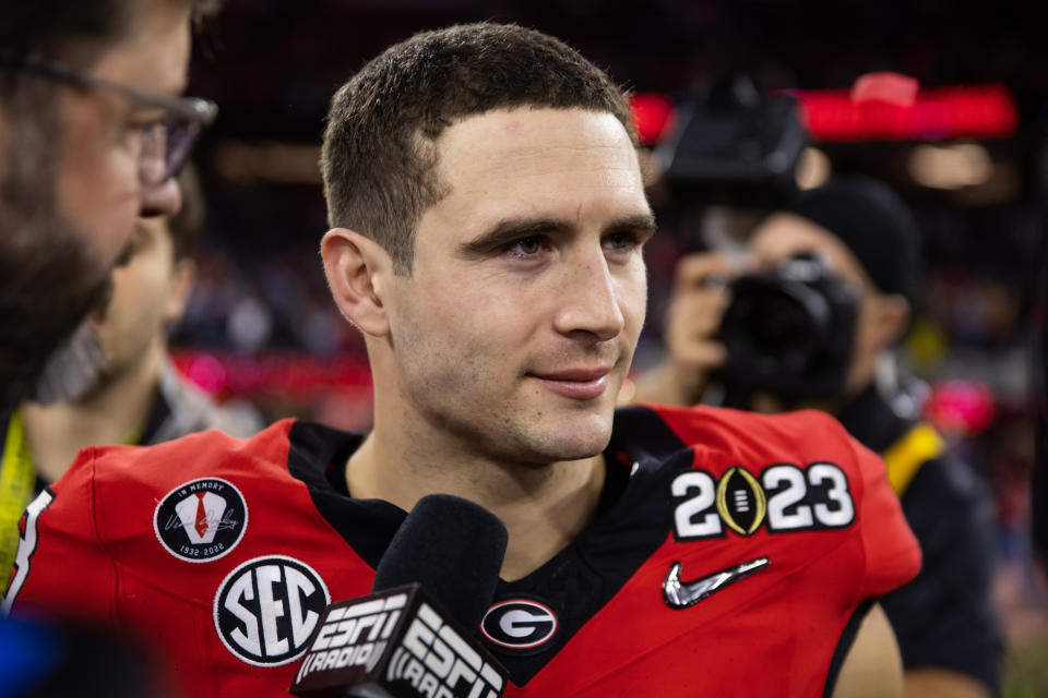 Jan 9, 2023; Inglewood, CA, USA; Georgia Bulldogs quarterback Stetson Bennett (13) against the TCU Horned Frogs during the CFP national championship game at SoFi Stadium. Mandatory Credit: Mark J. Rebilas-USA TODAY Sports