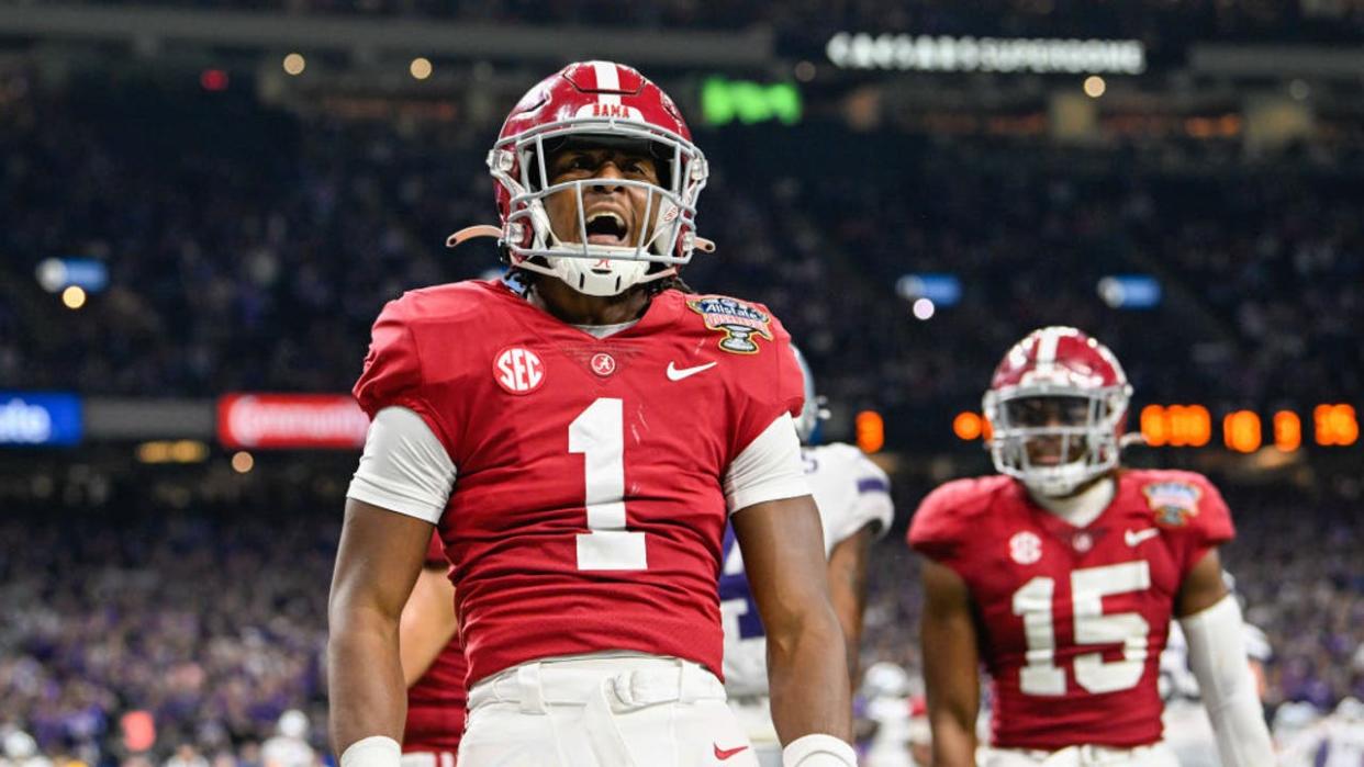 <div>NEW ORLEANS, LA - DECEMBER 31: Alabama Crimson Tide defensive back Kool-Aid McKinstry (1) celebrates a big pass breakup in the endzone during the Sugar Bowl between the Alabama Crimson Tide and Kansas State Wildcats at Caesars Superdome on December 31, 2022 in New Orleans, LA. (Photo by Ken Murray/Icon Sportswire via Getty Images)</div>