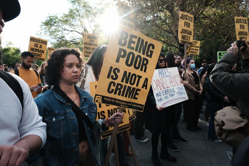 Protesters gather for a ‘Justice for Jordan Neely’ rally in Washington Square Park on May 05, 2023 in New York City. (Getty Images)