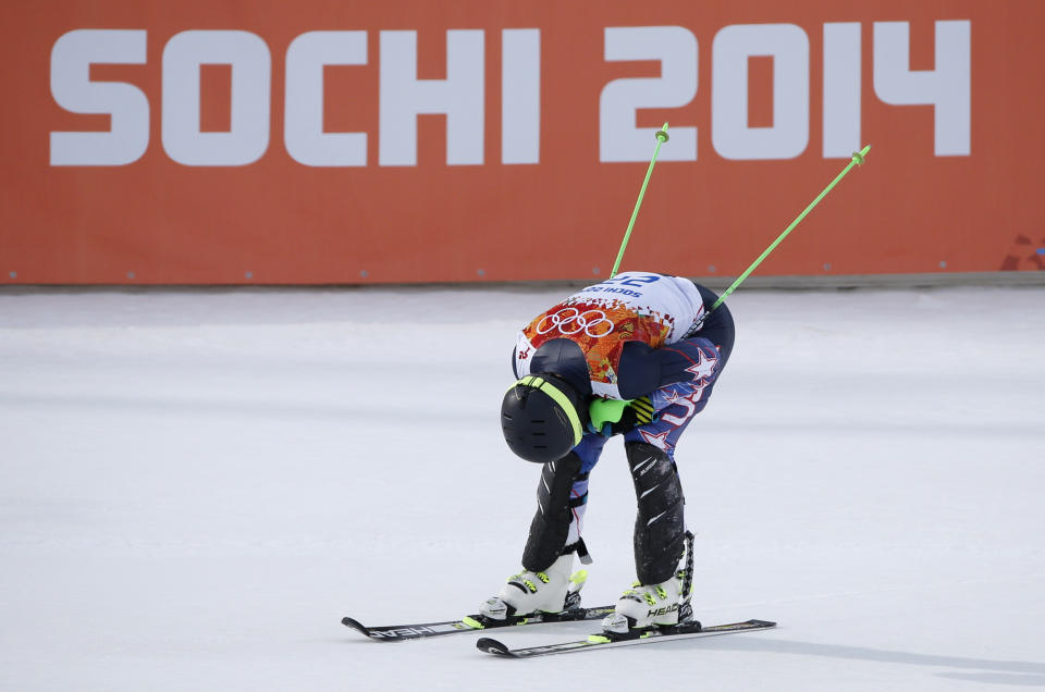 United States' Ted Ligety catches his breath after finishing the slalom portion of the men's supercombined at the Sochi 2014 Winter Olympics, Friday, Feb. 14, 2014, in Krasnaya Polyana, Russia. (AP Photo/Christophe Ena)
