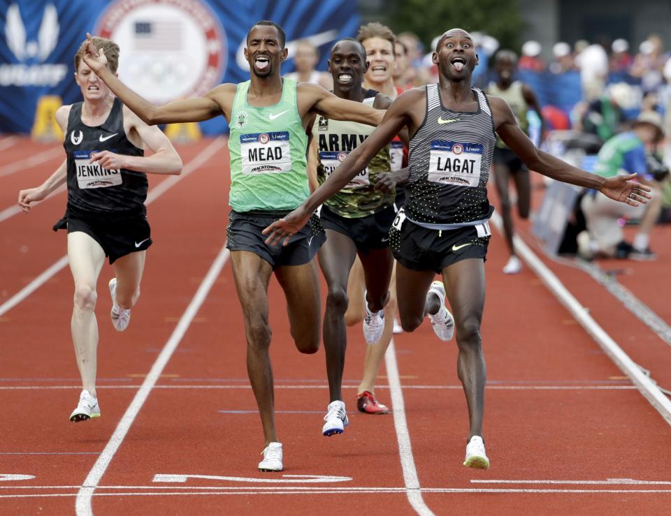 <p>Lagat (R) has been a staple of Team USA track and field over the past two decades, competing in each of the last five Olympics. He won a silver and a bronze medal in his career, but is still searching for the elusive gold. (AP) </p>