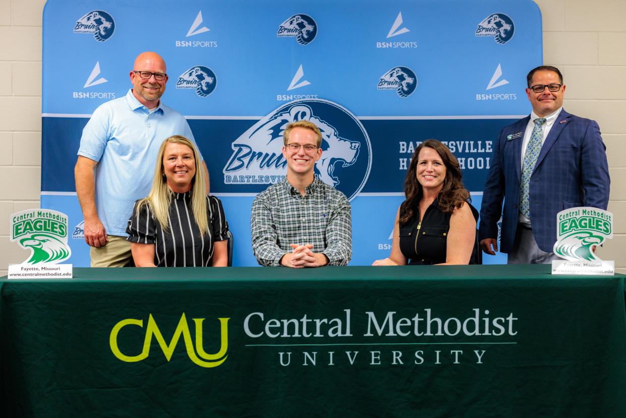 James Fouts, left, Kristy Fouts, Ryan Fouts, Marsha Fouts and Dr. Joe Parisi celebrate Ryan's scholarship to Central Methodist University on Thursday.