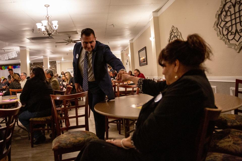 Retired Assistant Chief Robert ÒBobbyÓ Flores, who is running for the El Paso County SheriffÕs Office, attends the Eastside Democrats Endorsement Forum at the Firefighters Hall in East El Paso on Feb. 6, 2024. In this photo Flores greets Norma Chavez who is running for Texas House District 77.