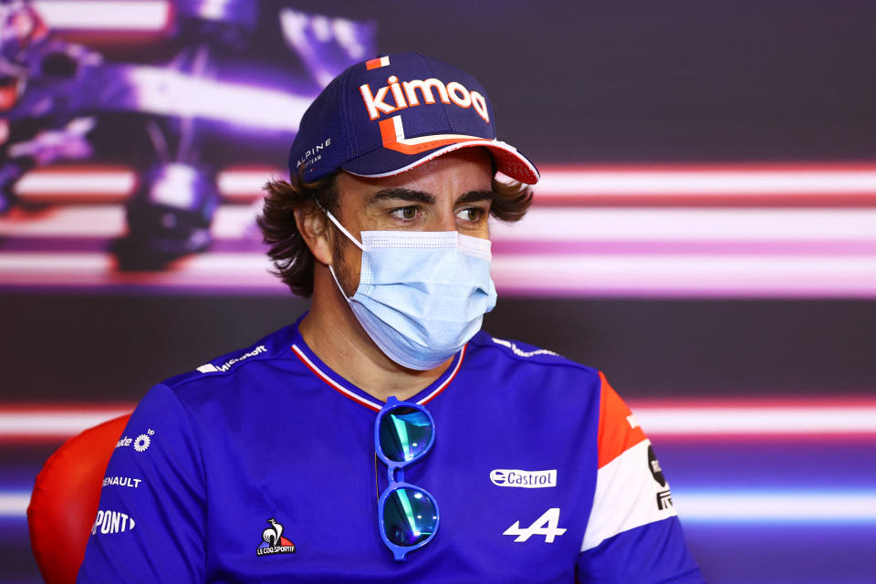 Alpine's driver Fernando Alonso attends a press conference ahead of the Formula One Azerbaijan Grand Prix at the Baku City Circuit in Baku on June 3, 2021.