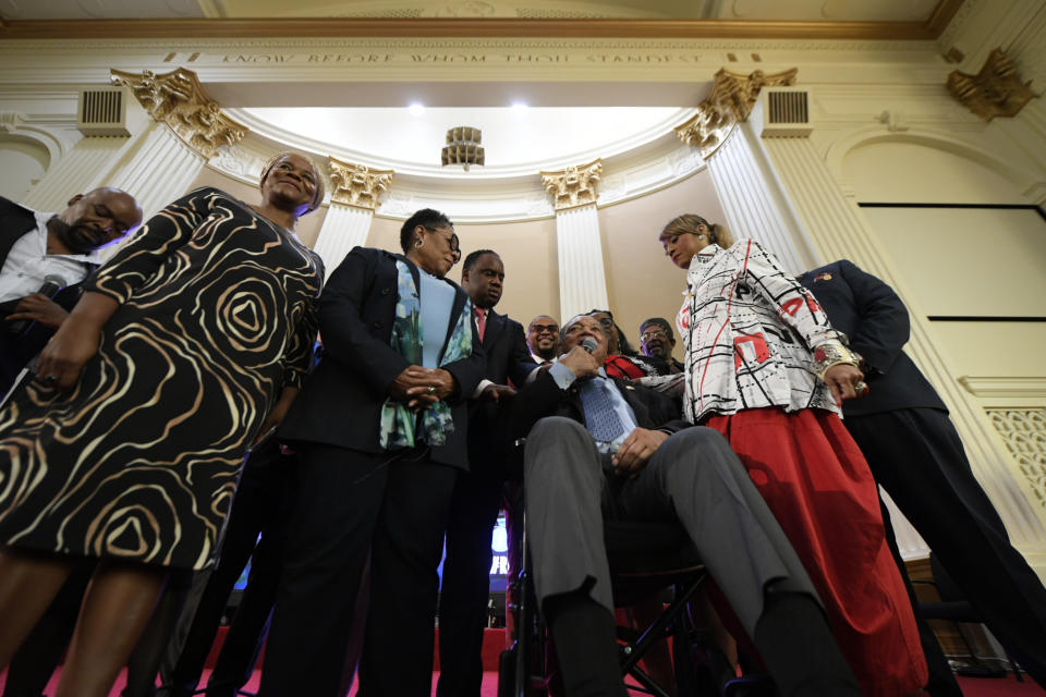 Rev. Jesse Jackson speaks while announcing that he is stepping down as the president at Rainbow PUSH Coalition Saturday, July 15, 2023, in Chicago. (AP Photo/Paul Beaty)