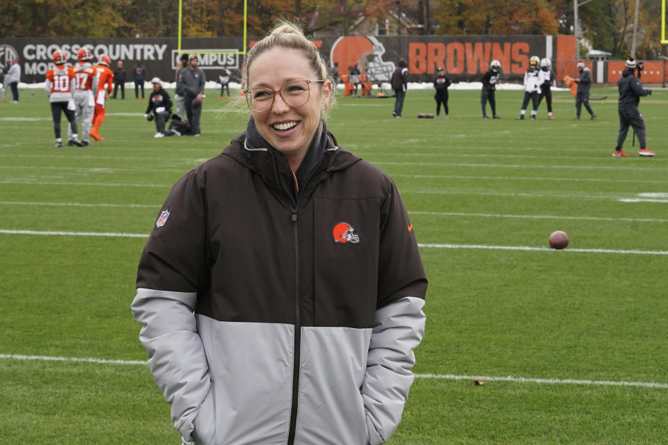 Catherine Raiche, assistant GM & vice president of football operations for the Cleveland Browns, is pictured during an interview at an NFL football practice, Thursday, Nov. 2, 2023, in Berea, Ohio. Women are reshaping America's most popular sport, which has made major strides in gender equity. (AP Photo/Sue Ogrocki)