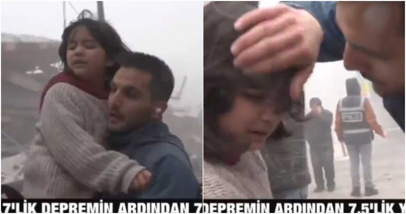 土耳其發生芮氏規模7.8強震，當地記者抱起走失女童逃難。（圖／擷取自Twitter／A Haber）