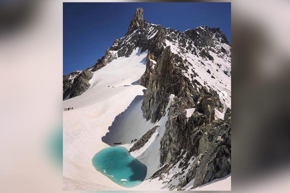 The lake was spotted at the base of Dent du Géant and Aiguilles Marbrées in the French Alps (@bryanthealpinist)