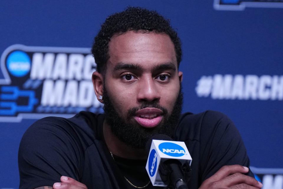 Mar 17, 2022; San Diego, CA, USA; Seton Hall Pirates guard Jamir Harris during a press conference before the first round of the 2022 NCAA Tournament at Viejas Arena. Mandatory Credit: Kirby Lee-USA TODAY Sports
