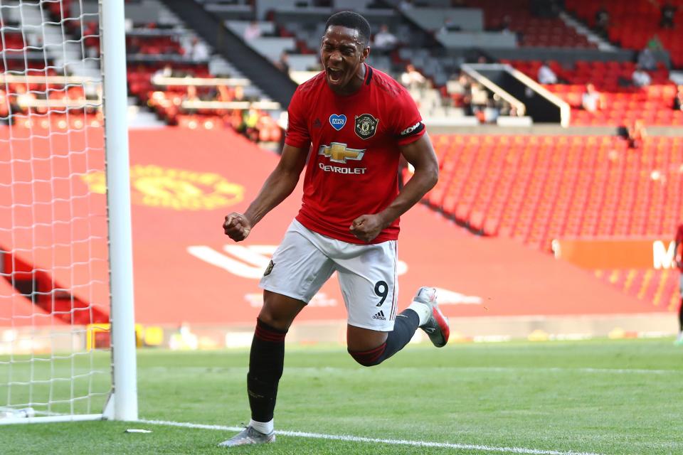 Anthony Martial celebrates his third goal in Manchester United's 3-0 win over Sheffield United. (Michael Steele/Getty Images)