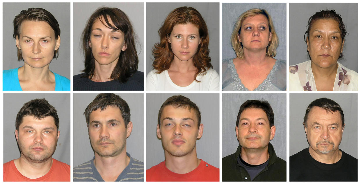 Chapman, top row, center, was one of 10 Russians arrested by the FBI in 2010 on espionage charges. (US Marshals / AP)