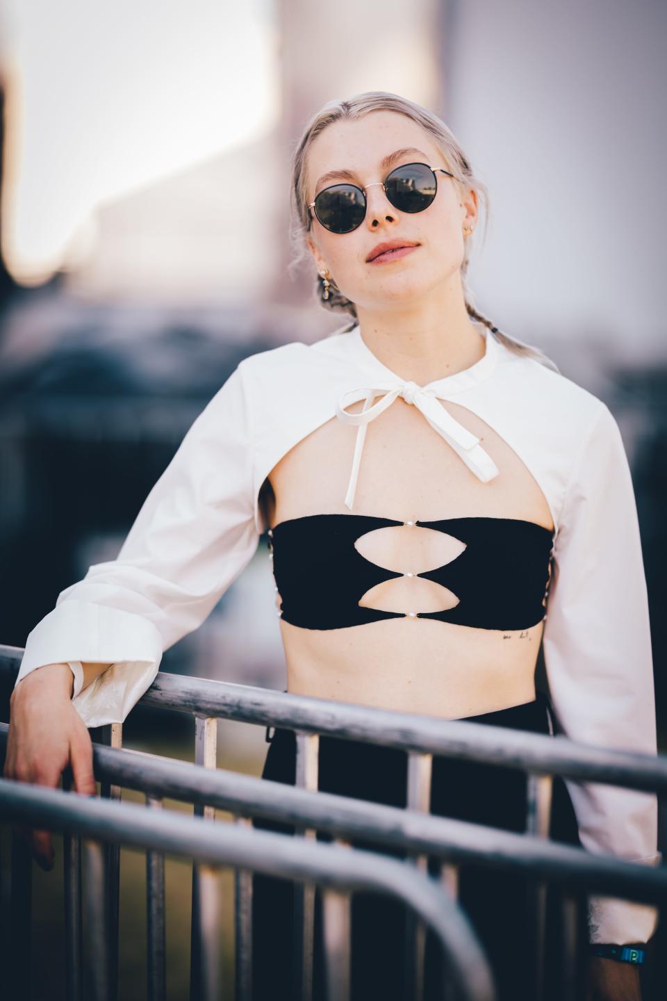 Artist Phoebe Bridgers poses backstage at the Gobi Tent at the 2022 Coachella Valley Music And Arts Festival.