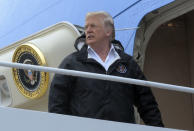 <p>President Donald Trump turns to look after walking up the steps of Air Force One at Andrews Air Force Base in Md., Saturday, Sept. 2, 2017. (Photo: Susan Walsh/AP) </p>