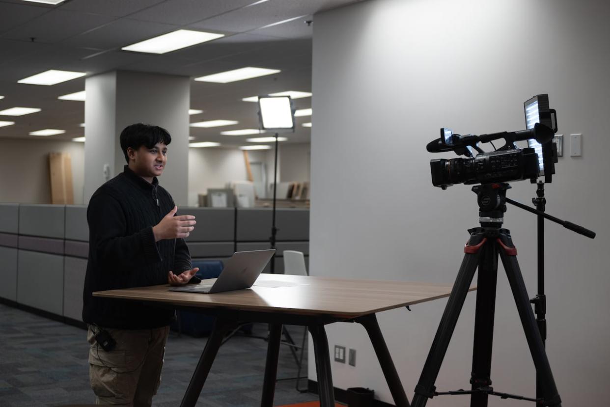 Sameer Ferdousi, seen in Toronto earlier this month, is one of the inaugural batch of Canadian teen fact-checkers working with MediaSmarts to create videos guiding peers in navigating misinformation online.  (Isidore Champagne/CBC - image credit)