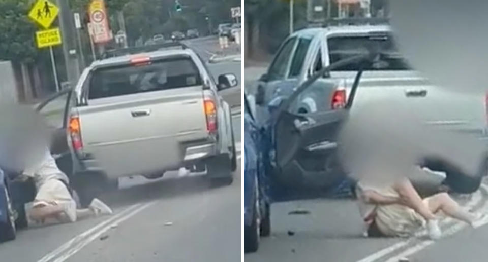 Screen grabs of dash cam footage captures the moment Tia-Loketi Harvey was crushed by a ute during a road rage incident at Coolum. 