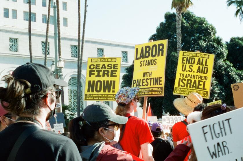 Hundreds of protesters gathered on the stops of Los Angeles City Hall