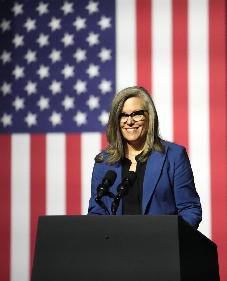 Arizona Gov. Katie Hobbs speaks before President Joe Biden gave a speech on democracy Sept. 28, 2023, at the Tempe Center for the Arts.