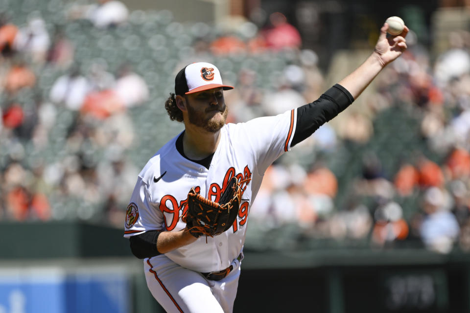 Baltimore Orioles starting pitcher Cole Irvin (19) throws during the second inning of a baseball game against the Oakland Athletics, Thursday, April 13, 2023, in Baltimore. (AP Photo/Terrance Williams)