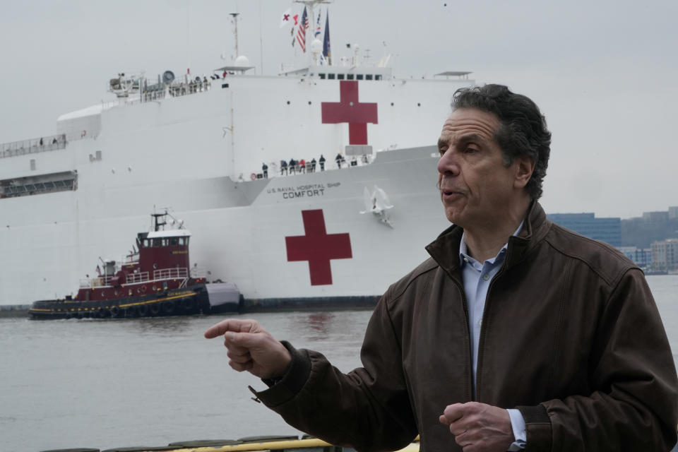 New York governor Andrew Cuomo speaks as the USNS Comfort pulls into a berth in Manhattan during the outbreak of coronavirus disease (COVID-19), in the Manhattan borough of New York City, New York, U.S., March 30, 2020. REUTERS/Carlo Allegri