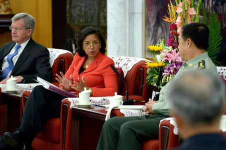 U.S. National Security Adviser Susan Rice (C) meets with Deputy Chairman of China's Central Military Commission Fan Changlong (2nd R) at the Bayi Building in Beijing September 9, 2014. REUTERS/Wang Zhao/Pool