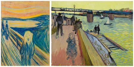 A combination of photos provided by Van Gogh Museum in Amsterdam to Reuters on September 22, 2015, shows the painting "The Scream" by Norway's Edvard Munch, 1893. Munch Museum, Oslo (L) and the painting, "The Bridge at Trinquetaille" by Dutch Vincent van Gogh, 1888, Private collection, which will be presented hanging side by side for the first time at an exhibit opening at the Van Gogh Museum in the Netherlands opening Friday. REUTERS/Van Gogh Museum Amsterdam/Handout via Reuters