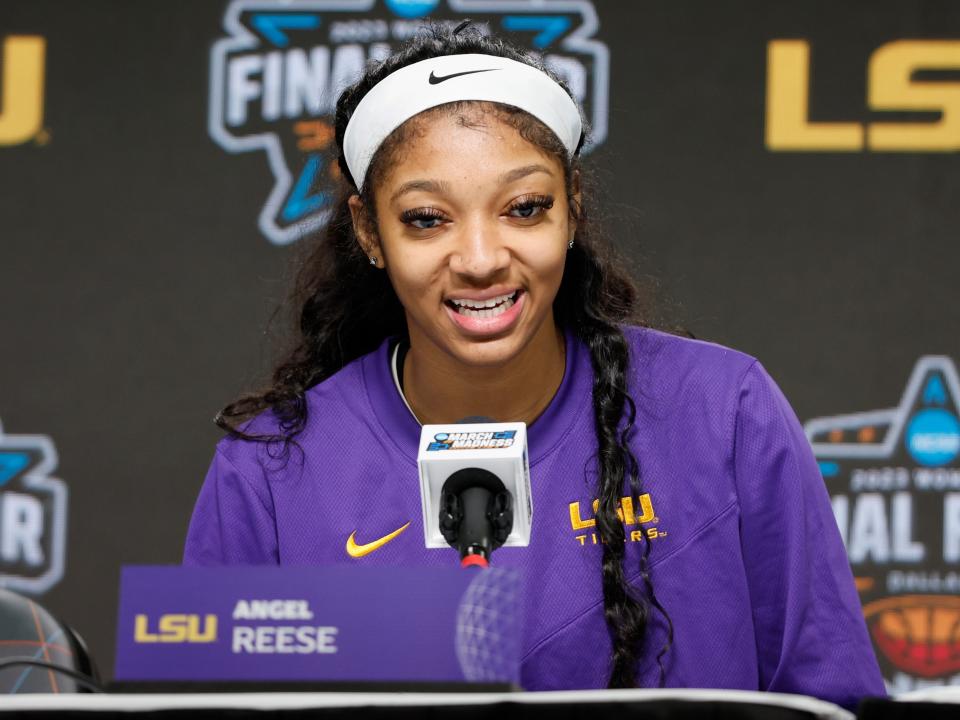 ngel Reese #10 of the Louisiana State Tigers answers questions during a press conference at the 2023 NCAA Women's Basketball Final Four at American Airlines Center on March 30, 2023 in Dallas, Texas.