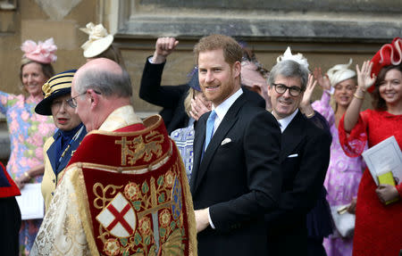 BritainÕs Prince Harry leaves after the wedding of Lady Gabriella Windsor and Thomas Kingston at St George's Chapel in Windsor Castle, near London, Britain May 18, 2019. Steve Parsons/Pool via REUTERS