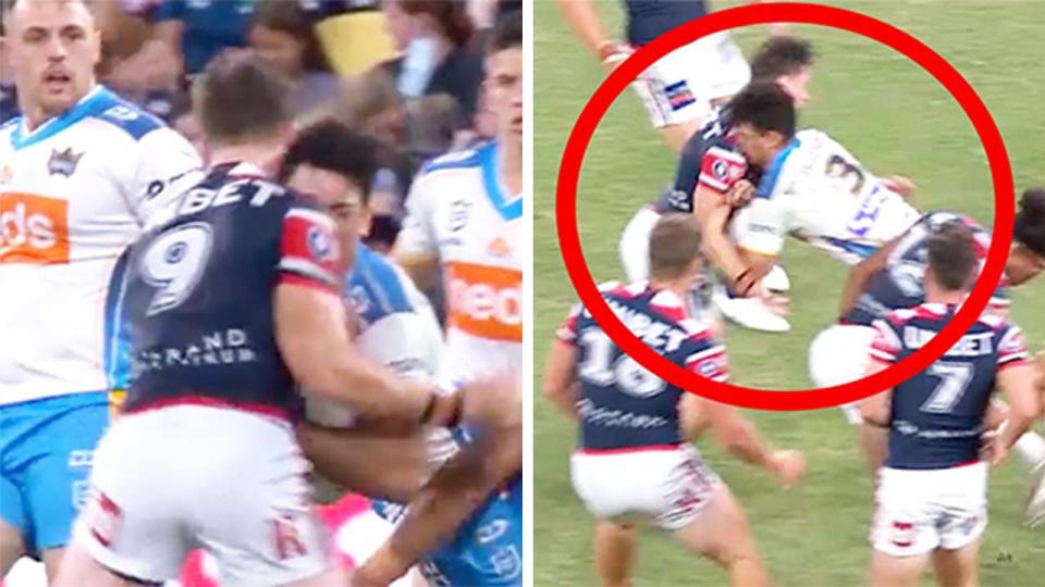 The Roosters' Sam Verrills (pictured) making a tackle against the Titans.