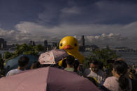 An art installation called "Double Ducks" by Dutch artist Florentijn Hofman at Victoria Harbour in Hong Kong, Saturday, June 10, 2023. (AP Photo/Louise Delmotte)