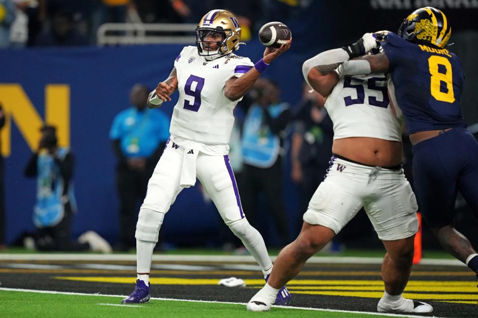 Jan 8, 2024; Houston, TX, USA; Washington Huskies quarterback Michael Penix Jr. (9) throws a pass during the second quarter against the Michigan Wolverines in the 2024 College Football Playoff national championship game at NRG Stadium. Mandatory Credit: Kirby Lee-USA TODAY Sports