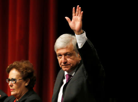 Mexico presidential candidate Andres Manuel Lopez Obrador of the National Regeneration Movement (MORENA), greets his supporters before presenting his manifesto in Mexico City, Mexico, November 20, 2017. REUTERS/Henry Romero