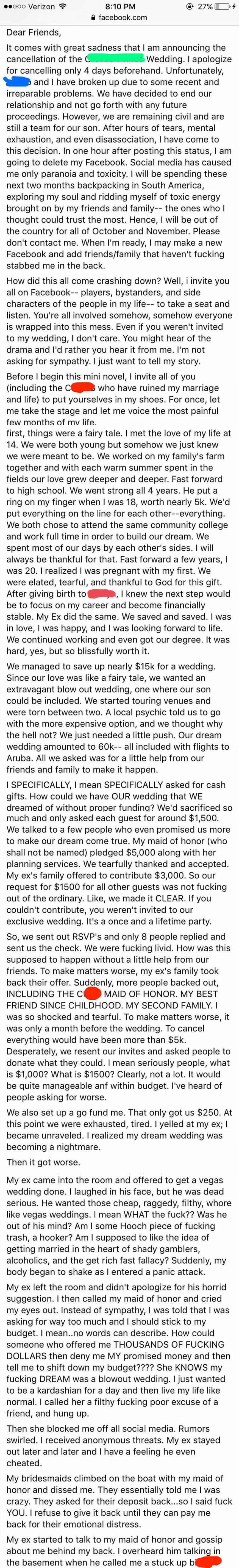 a person's long post detailing how they asked their friends and family for $1,500 and when they couldn't the person cussed everyone out