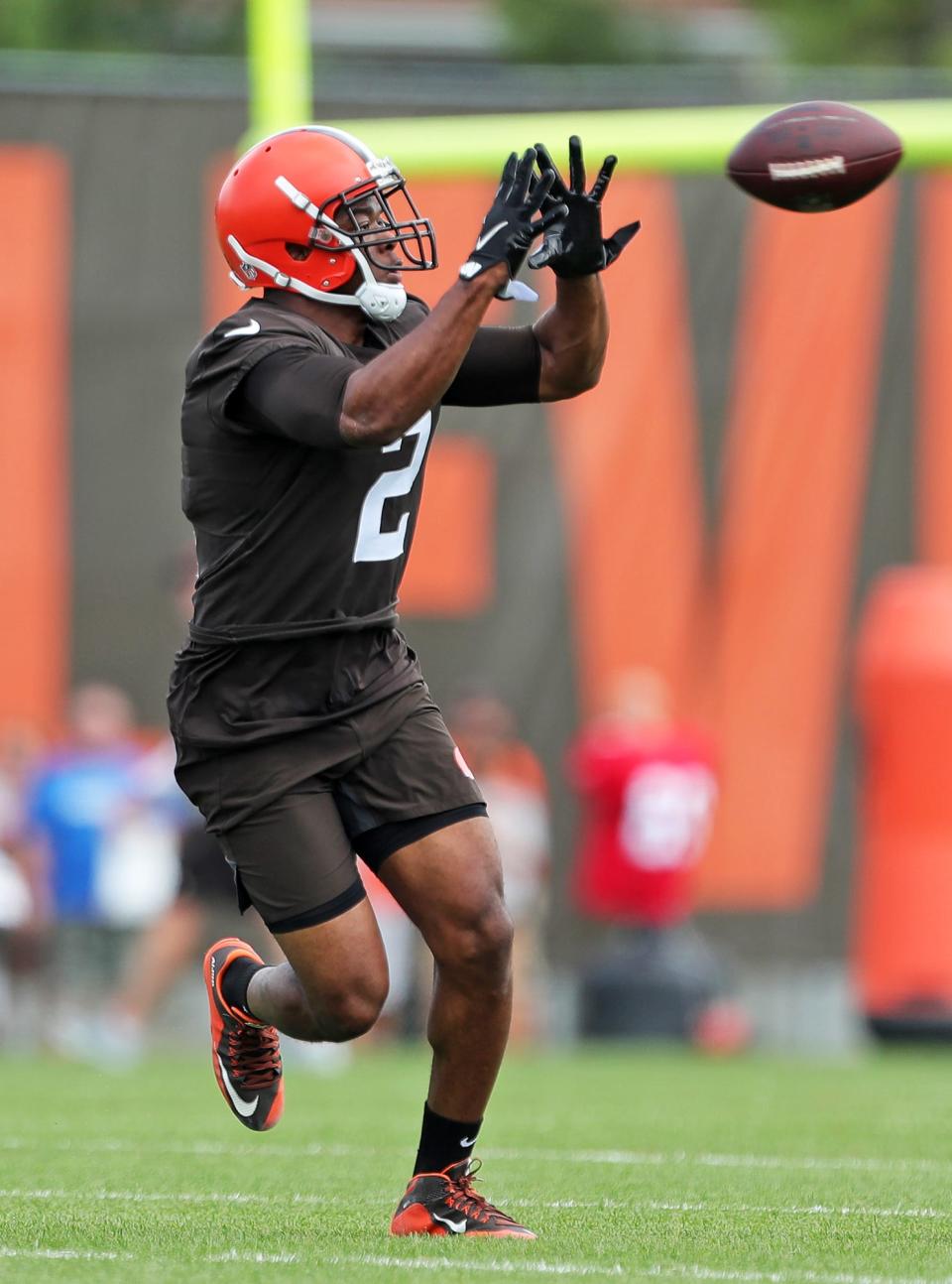 Cleveland Browns wide receiver Amari Cooper catches a pass during the NFL football team's football training camp in Berea on Monday.