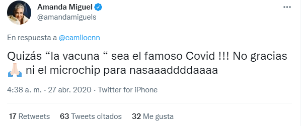 Un tuit de Amanda Miguel