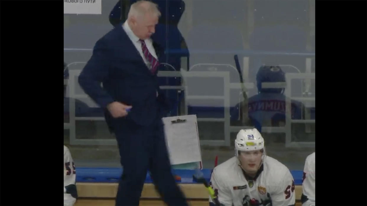 Russian hockey coach Vladimir Gromilin has been fired for kicking one of his players. (Photo via @karl_khl/Twitter)
