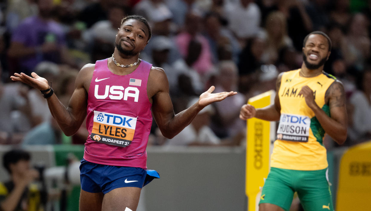 The 200-meter men's semifinals at the world championships were disrupted by a golf cart collision. (Photo by Sven Hoppe/picture alliance via Getty Images)