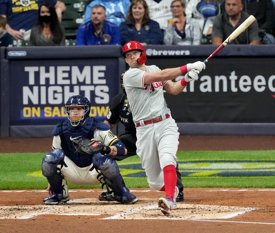 Philadelphia Phillies first baseman Rhys Hoskins (17) hits a two-run home run during the third inning of their game against the Milwaukee Brewers Wednesday, June 8, 2022 at American Family Field in Milwaukee, Wis.