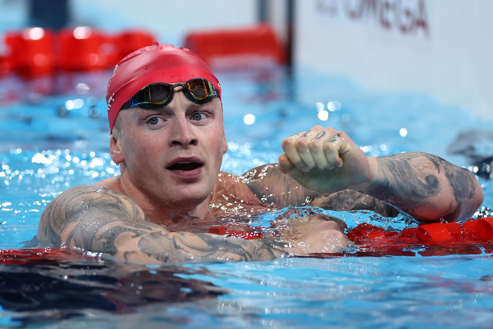 NANTERRE, FRANCE – AUGUST 04: Adam Peaty of Team Great Britain reacts after competing in the final of the Men's 4x100m Medley Relay on day nine of the Paris 2024 Olympic Games at the Paris La Defense Arena on August 4, 2024 in Nanterre, France. (Photo by Quinn Rooney/Getty Images)