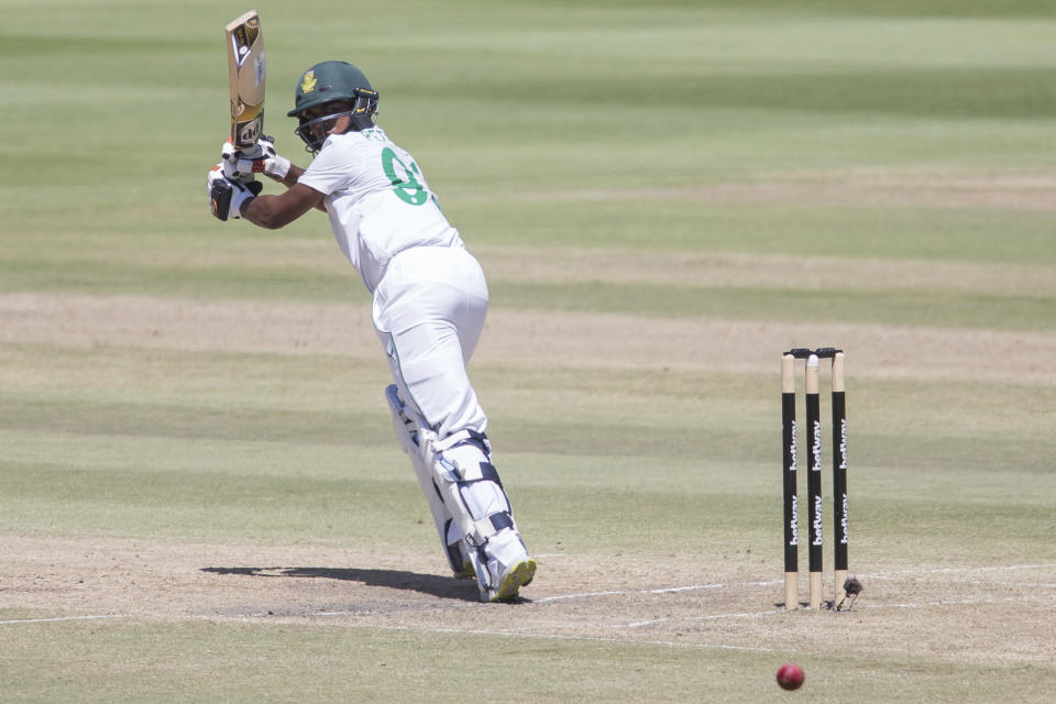 South African batsman Keegan Peterson plays a shot during the fourth day of the third and final test match between South Africa and India in Cape Town, South Africa, Friday, Jan. 14, 2022. (AP Photo/Halden Krog)