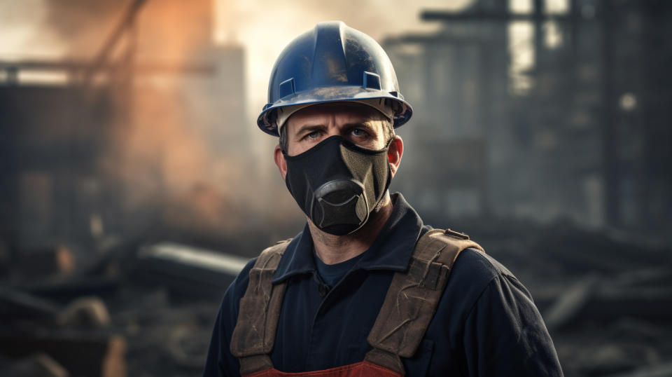 A construction worker in a hardhat, standing proud and wearing a protective mask.